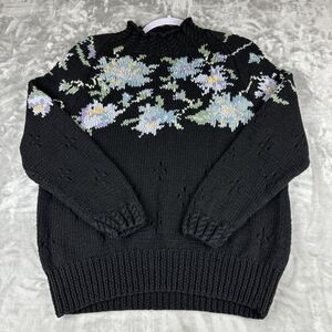 Vintage Karen Scott Hand Knits Sweater Women's Large Black Flowers Pearls (0924)